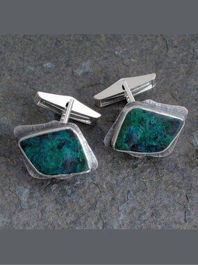 Artisan Made Sterling Silver 925 and Chrysocolla Cuff Links w/Swivel Back